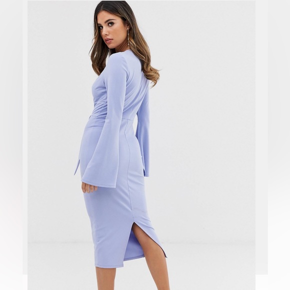 ASOS Design Long Sleeve Plunge Tie Belt Midi Dress - Picture 2 of 4